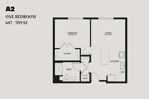 Floor plan for 1 bed, 1 bath, 709 sqft